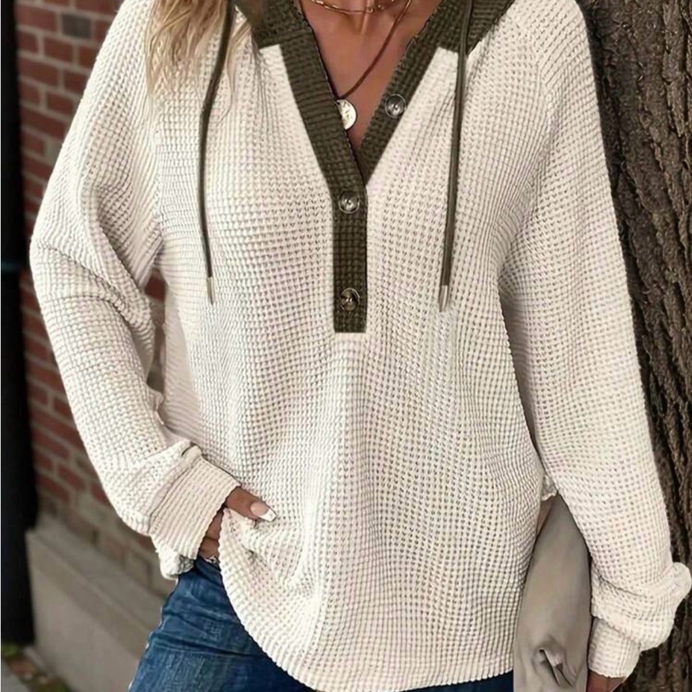 SHEIN Cream and Olive Waffle Knit Hoodie